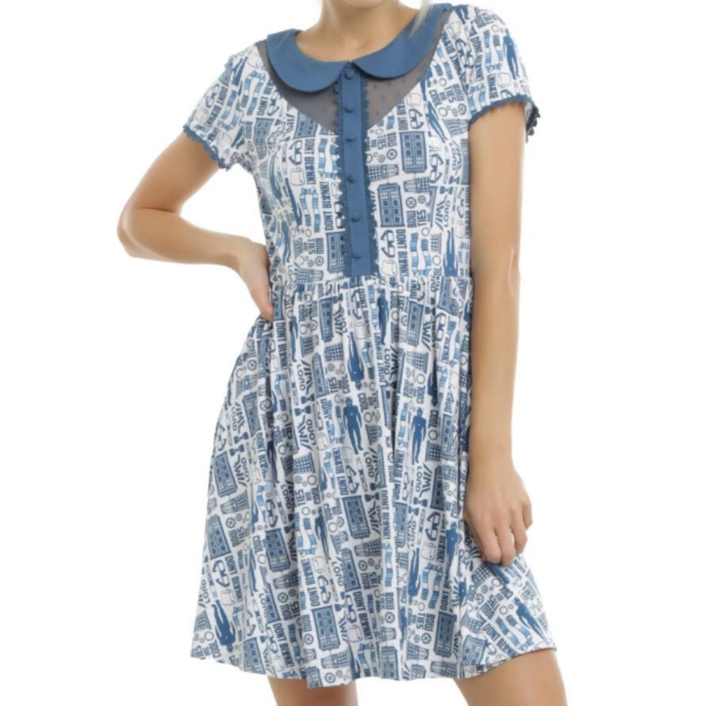 Hot Topic Blue and White Doctor Who Printed Peter Pan Collar Mini Dress